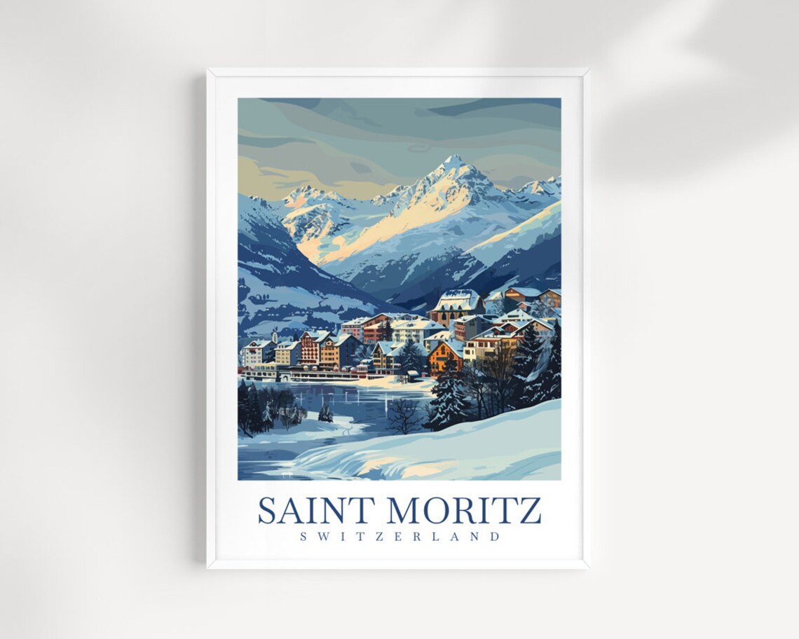 Saint Moritz Switzerland Snowy Alpine Poster With Frozen Lake
