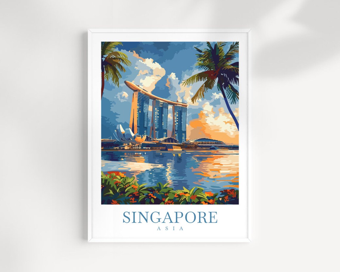 Singapore Asia Marina Bay Sands Sunset Waterfront Palm Scene Poster
