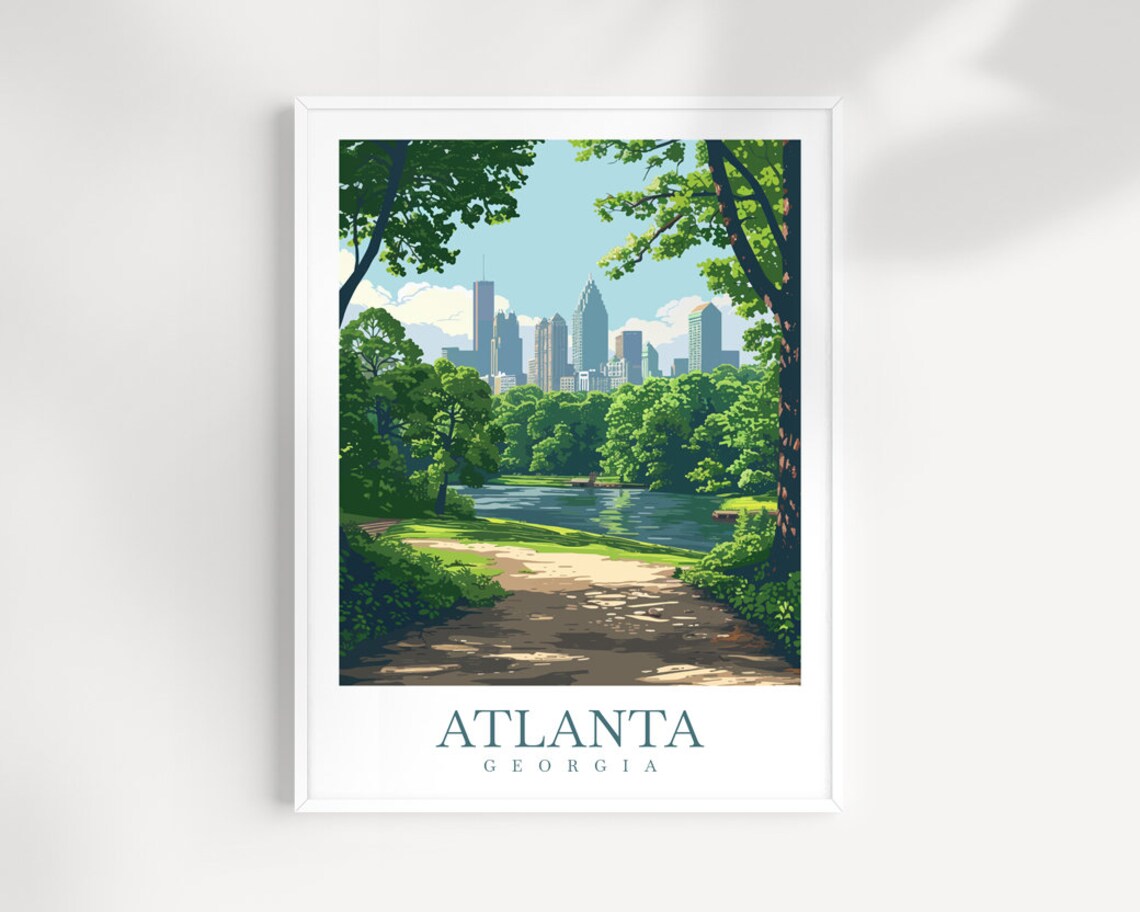 Atlanta Georgia City Skyline Park Lake Cityscape Travel Poster