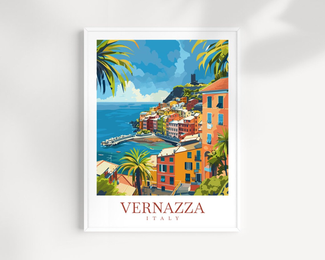 Vernazza Italy Cliffside Houses With Tower Over the Bay Poster