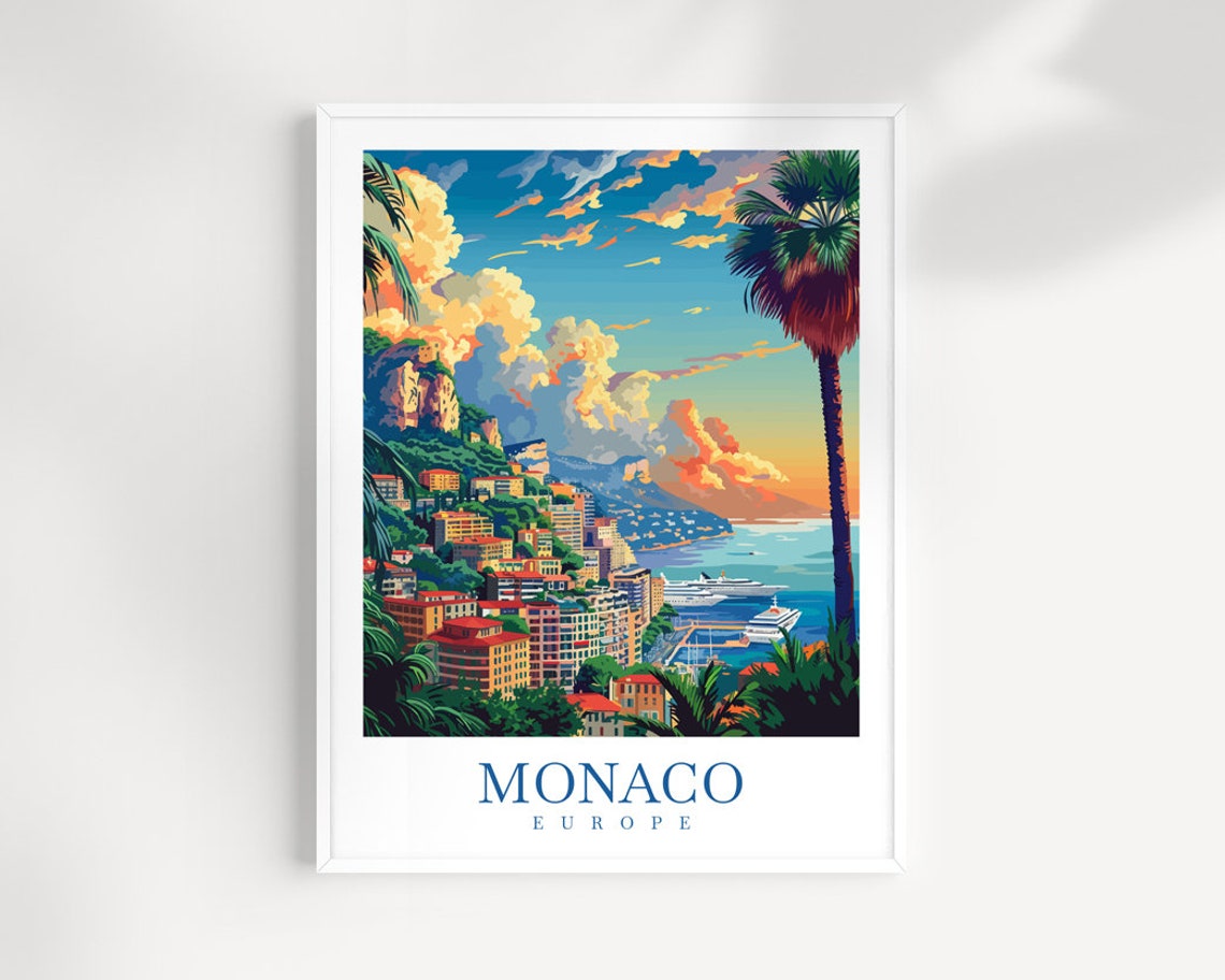 Monaco Europe Harbor Yacht Sunset Coastal Skyline Art Poster