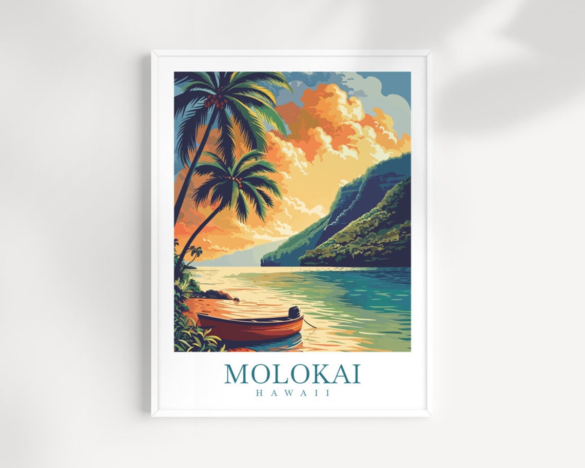 Molokai Hawaii Sunset Coast Rowboat Beach Scenic Travel Poster