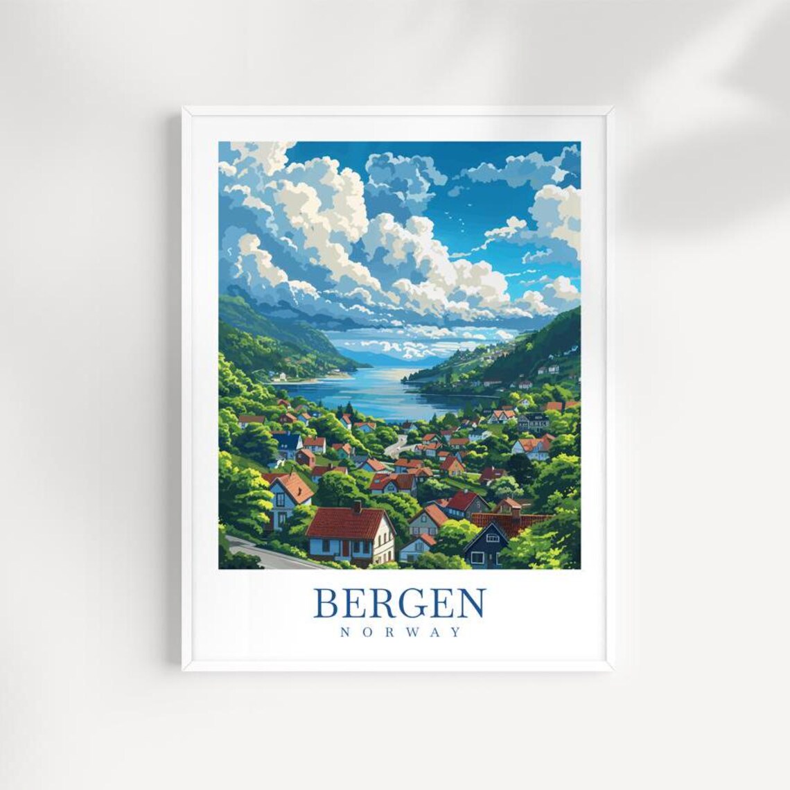 Bergen Norway Fjord Town Red Roof Houses Illustrated Travel Poster