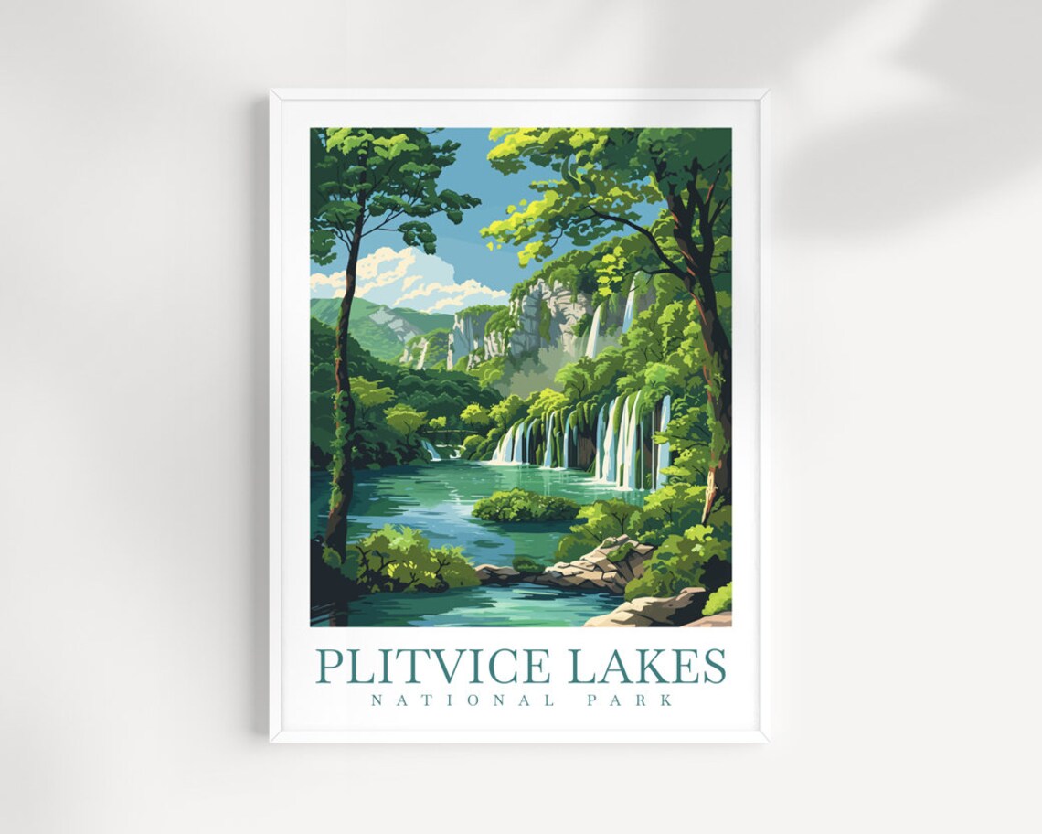 Plitvice Lakes National Park Summer Waterfalls Vintage Travel Poster