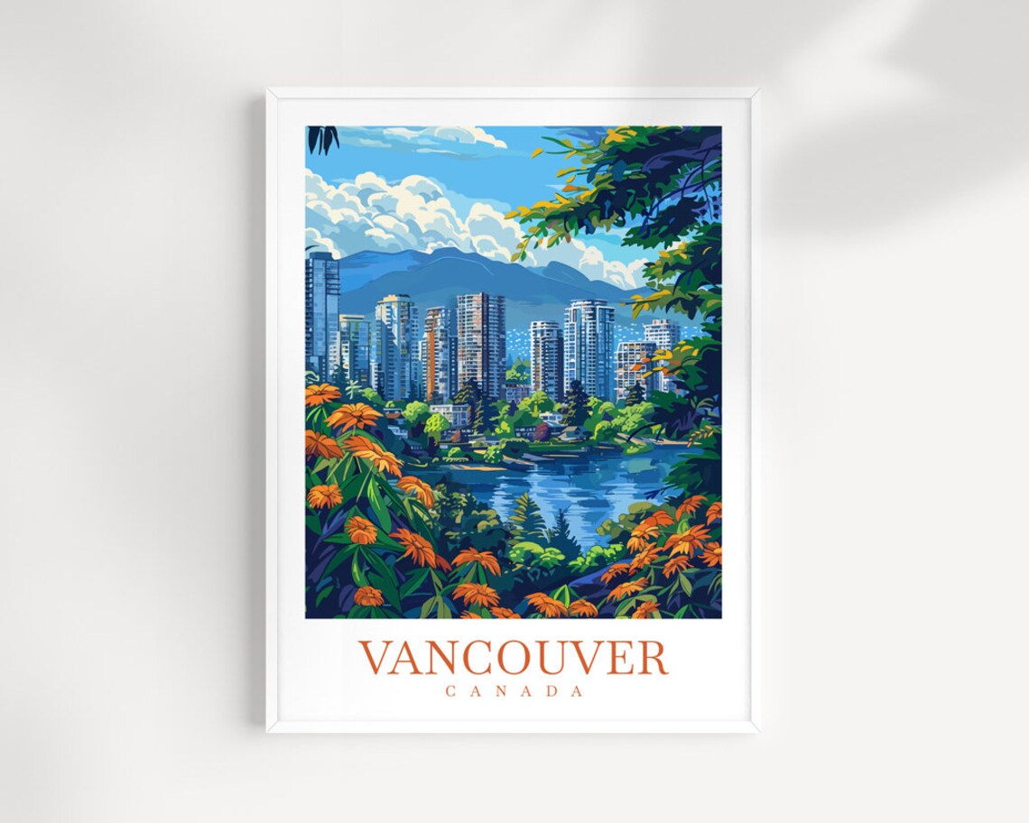 Vancouver Canada Downtown Skyline Mountain View Vintage Travel Poster