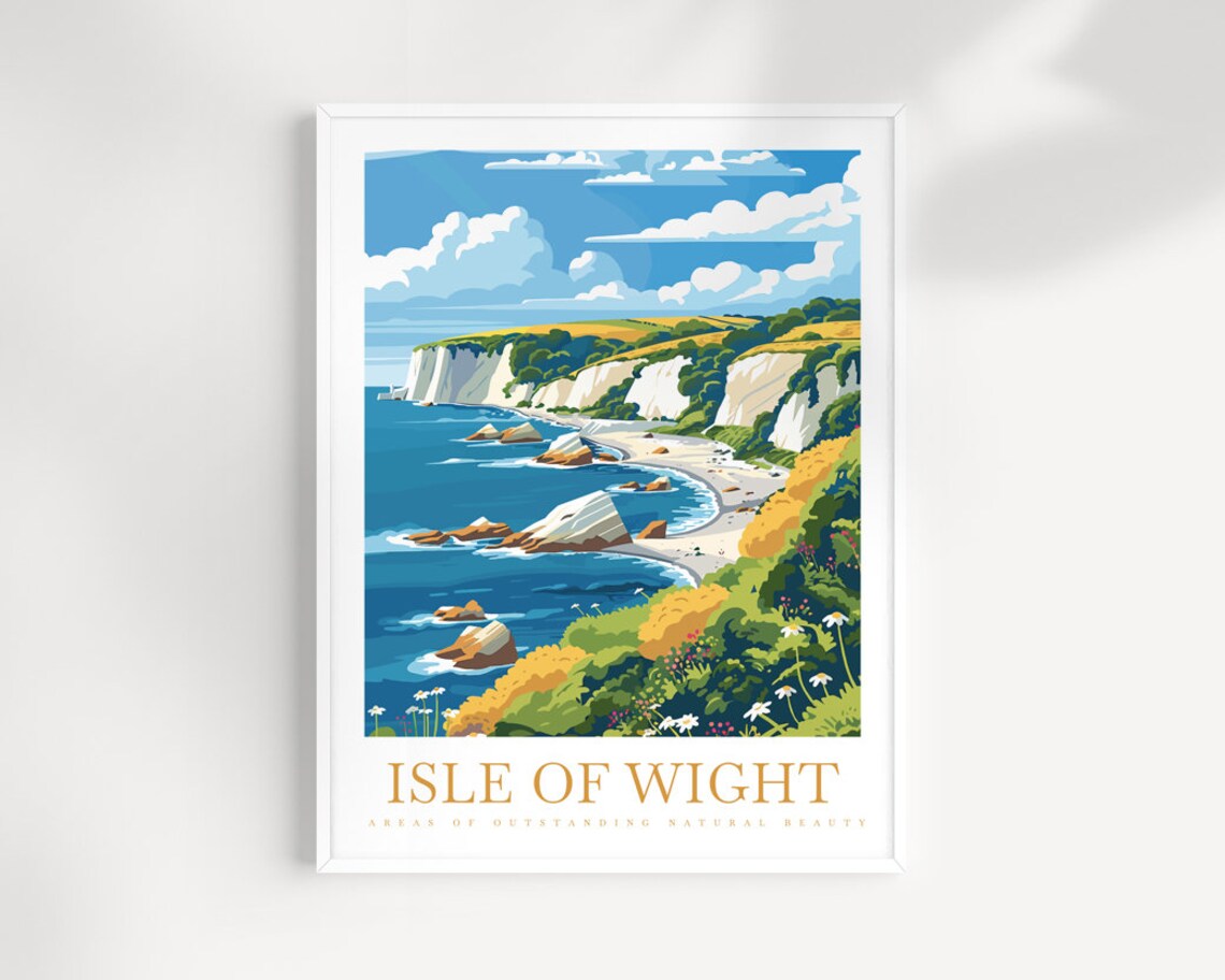 Isle of Wight England White Chalk Cliffs Rocky Cove Travel Poster