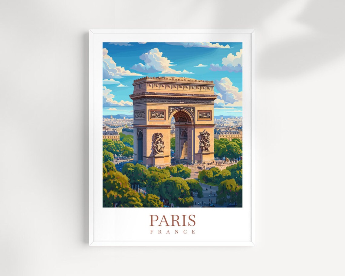Paris France Arc de Triomphe Iconic Landmark Vintage Travel Poster