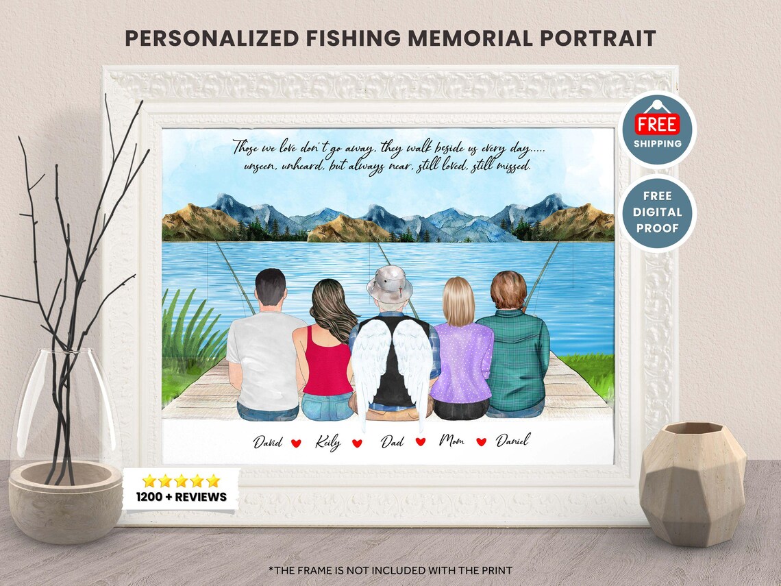 Personalized Dad Fishing in Heaven Memorial Portrait Gift Poster