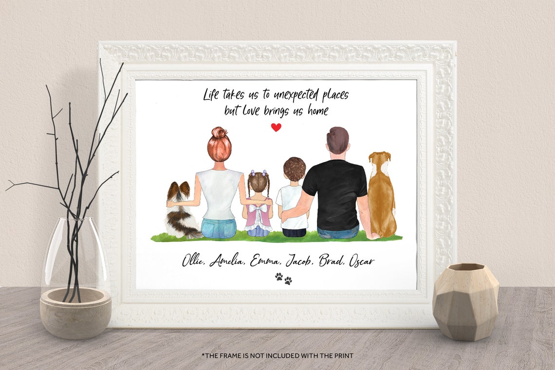 Custom Family Print Family Portrait Illustration With Kids Pets Wedding Anniversary Gift Dog Family Wall Art Custom Dog Mom Print Dog Owner