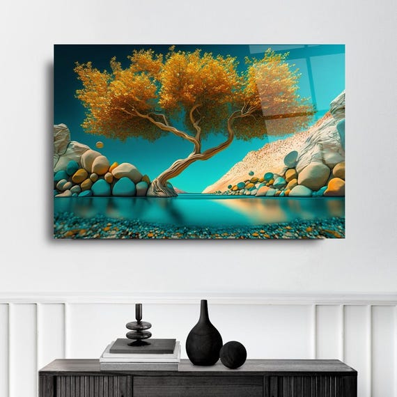 Golden Tree Landscape Wall Art Tempered Glass Print Vibrant Nature Design Elegant Glass Wall Art For Home And Office
