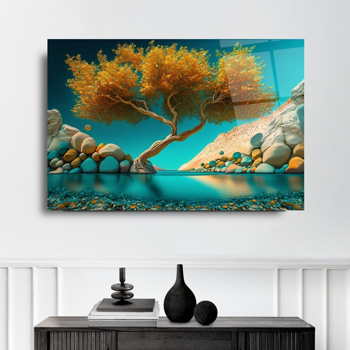 Golden Tree Landscape Wall Art Tempered Glass Print Vibrant Nature Design Elegant Glass Wall Art For Home And Office