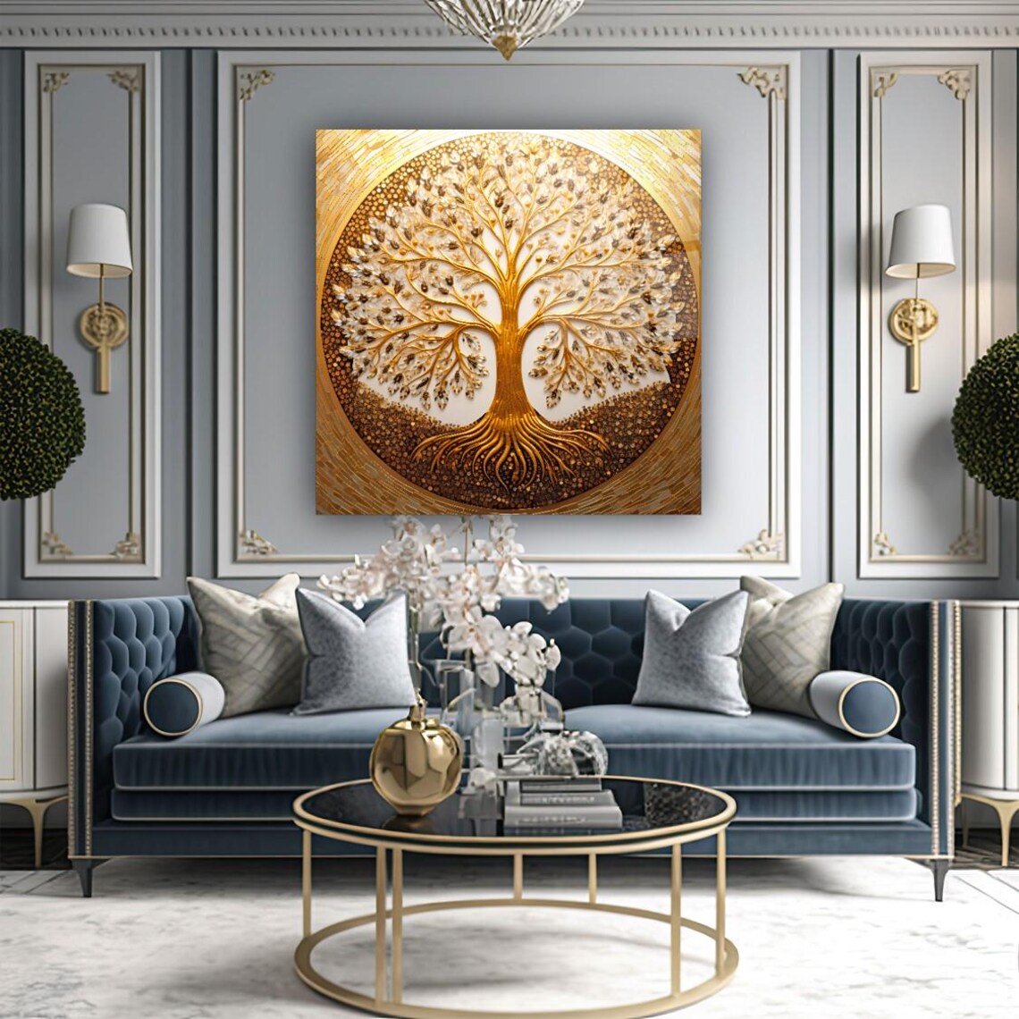 Elegant Golden Tree Wall Art Tempered Glass Print Modern Nature Wall Decor Luxury Glass Wall Art For Home And Office