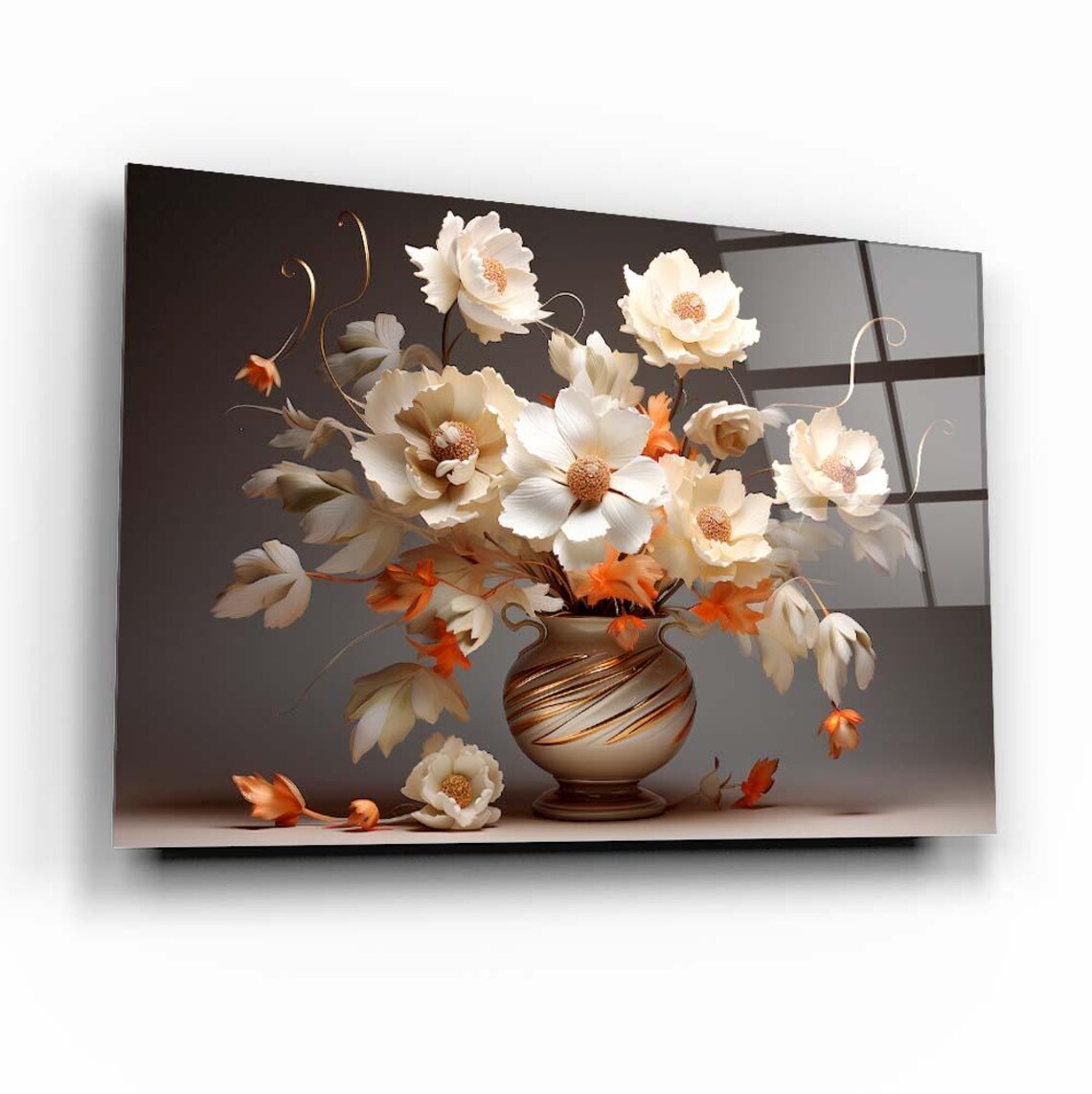 White Orange Floral Vase Elegant Still Life Flower Art Poster - Image 3