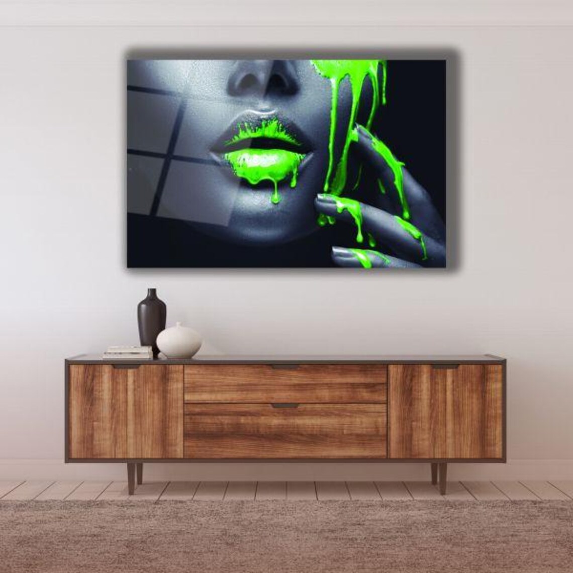 Neon Green Paint Dripping Over Woman's Face Bold Portrait Poster