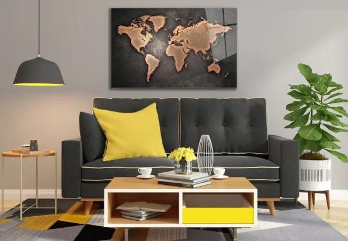 Copper World Map On Charcoal Black Tempered Glass Modern Travel Poster - Image 3
