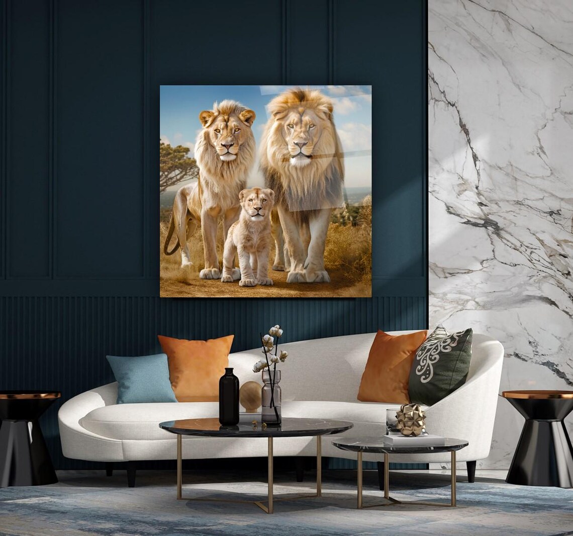 Elegant Lion Family Portrait Wall Art Tempered Glass Print Modern Animal Wall Decor Luxury Glass Wall Art For Home And Office