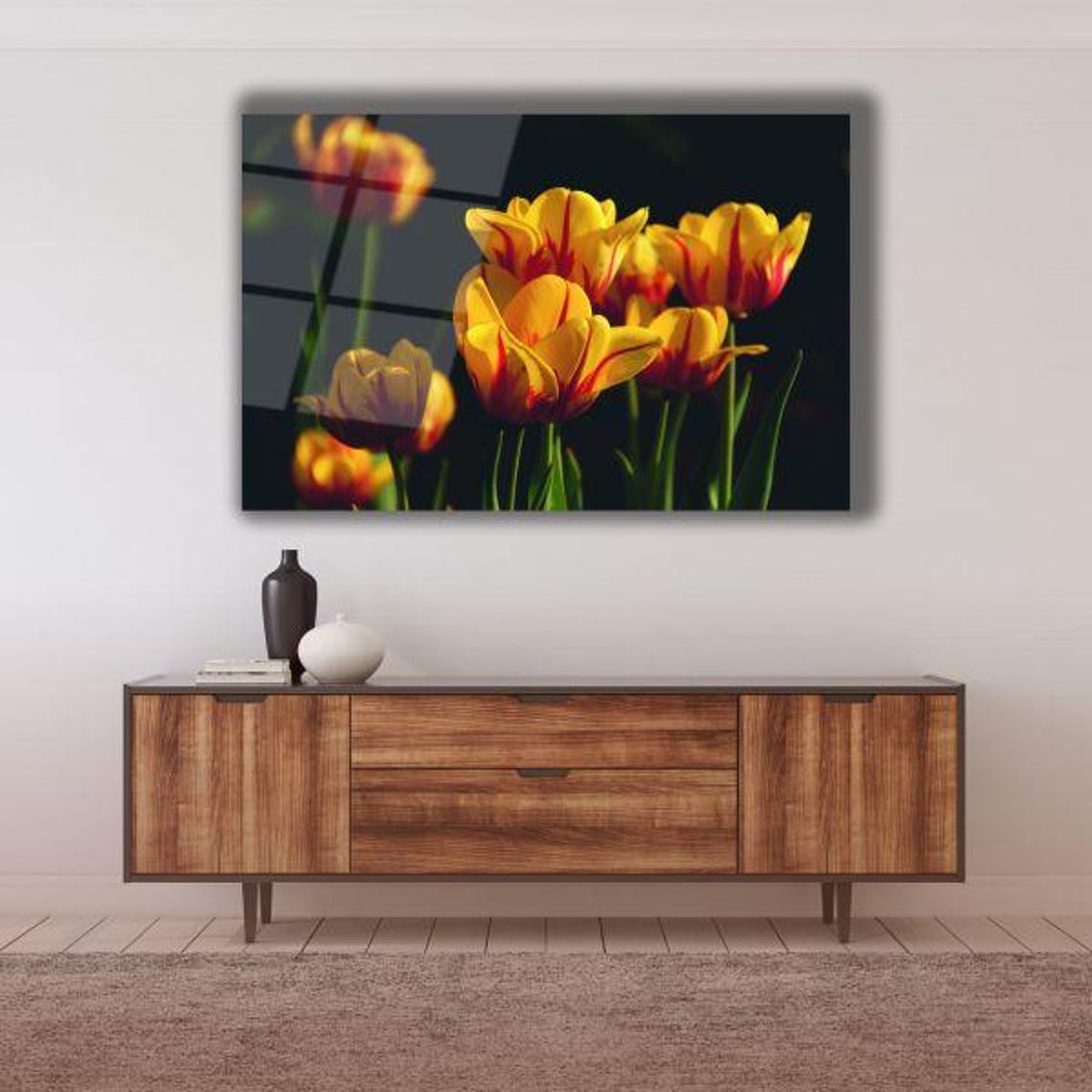 Yellow Red Striped Tulips On Dark Black Background Floral Poster