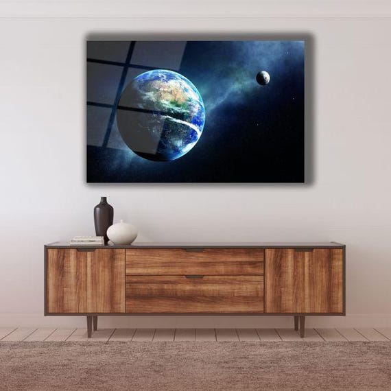 Celestial Harmony Tempered Glass Wall Art Earth And Moon View Cosmic Home Accent