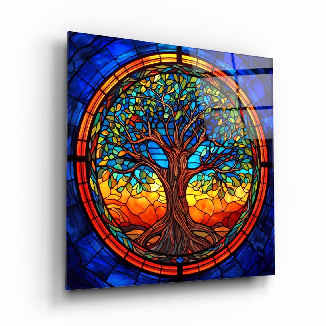Stained Glass Tree Of Life Glowing Against Sunset Circle Poster - Image 2