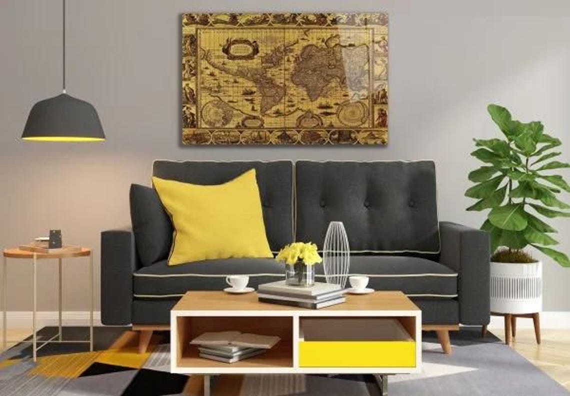 Vintage Antique Gold World Map On Tempered Glass Travel Art Poster - Image 3