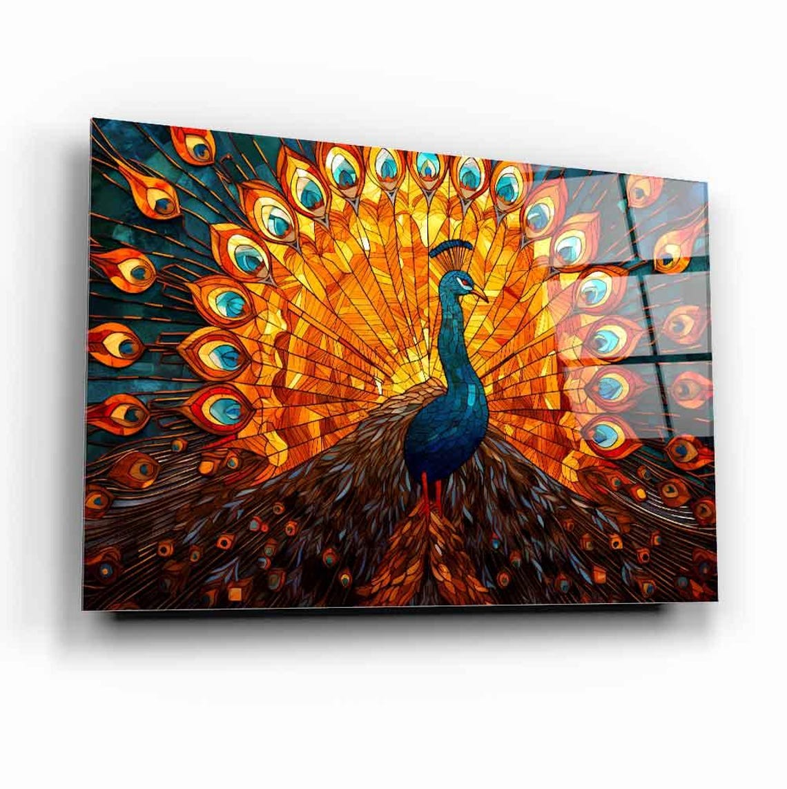 Majestic Peacock With Golden Fan Stained Glass Style Modern Poster - Image 2