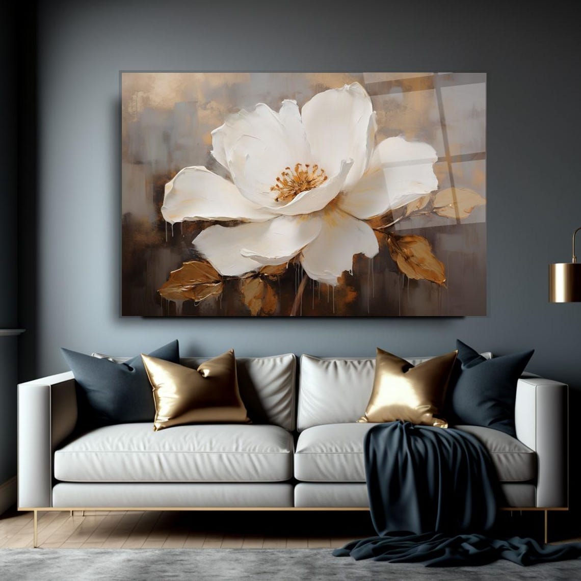 White Bloom Flower Dark Gold Leaves Modern Floral Art Poster