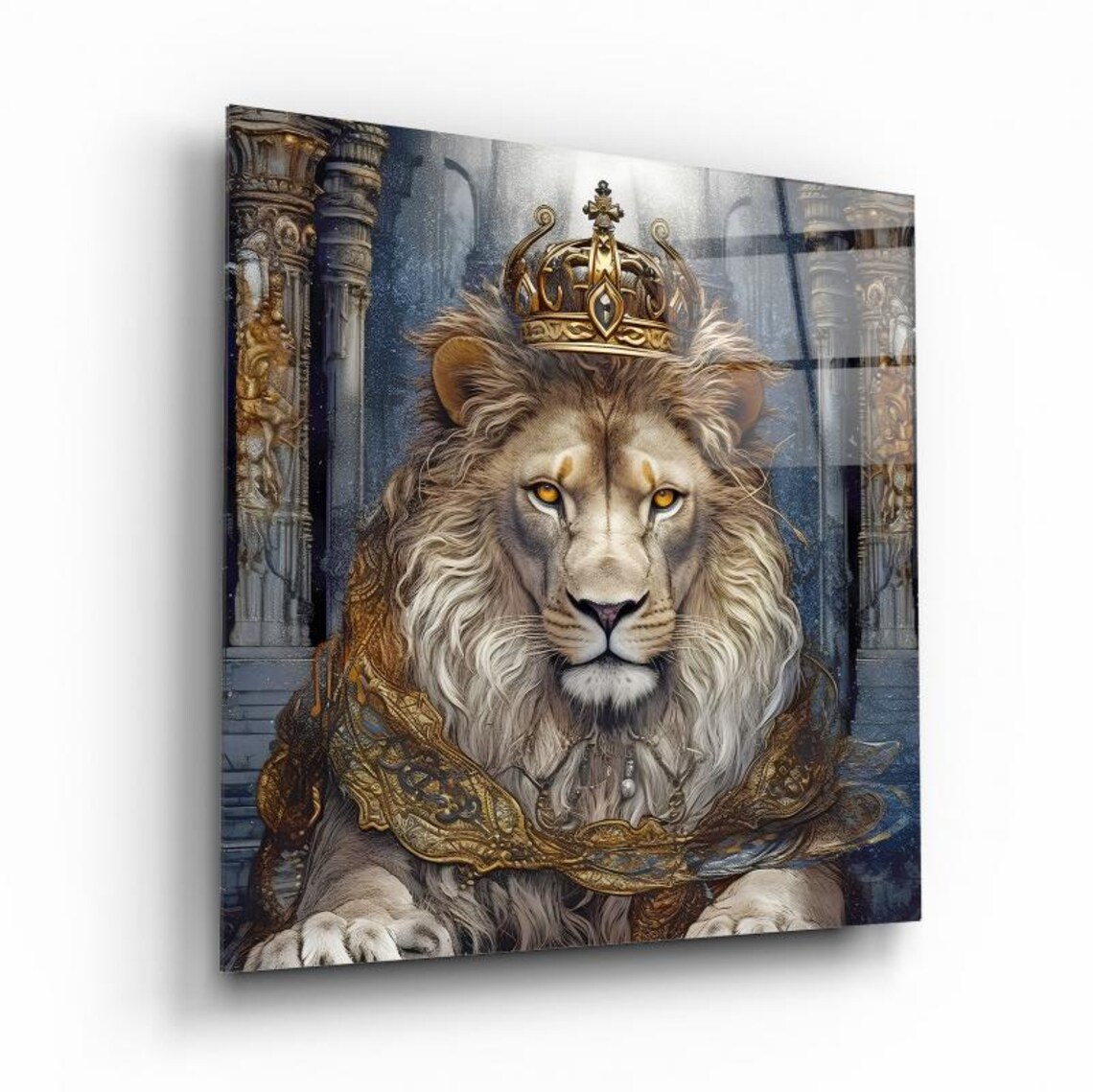 Royal Lion King Wearing Golden Crown Throne Portrait Wall Art - Image 2