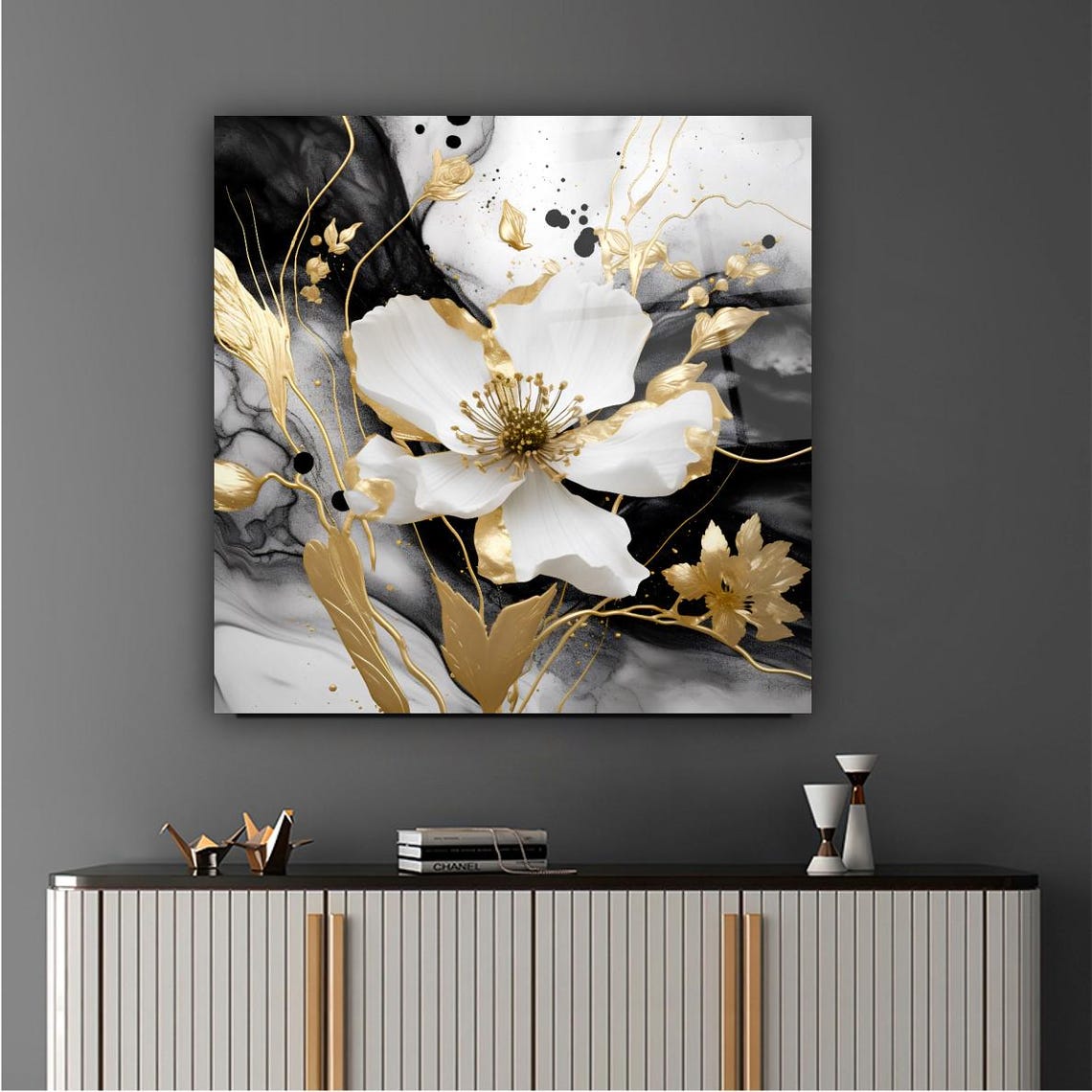 Elegant White Blossom Flower with Gold Leaves Marble Wall Art - Image 3