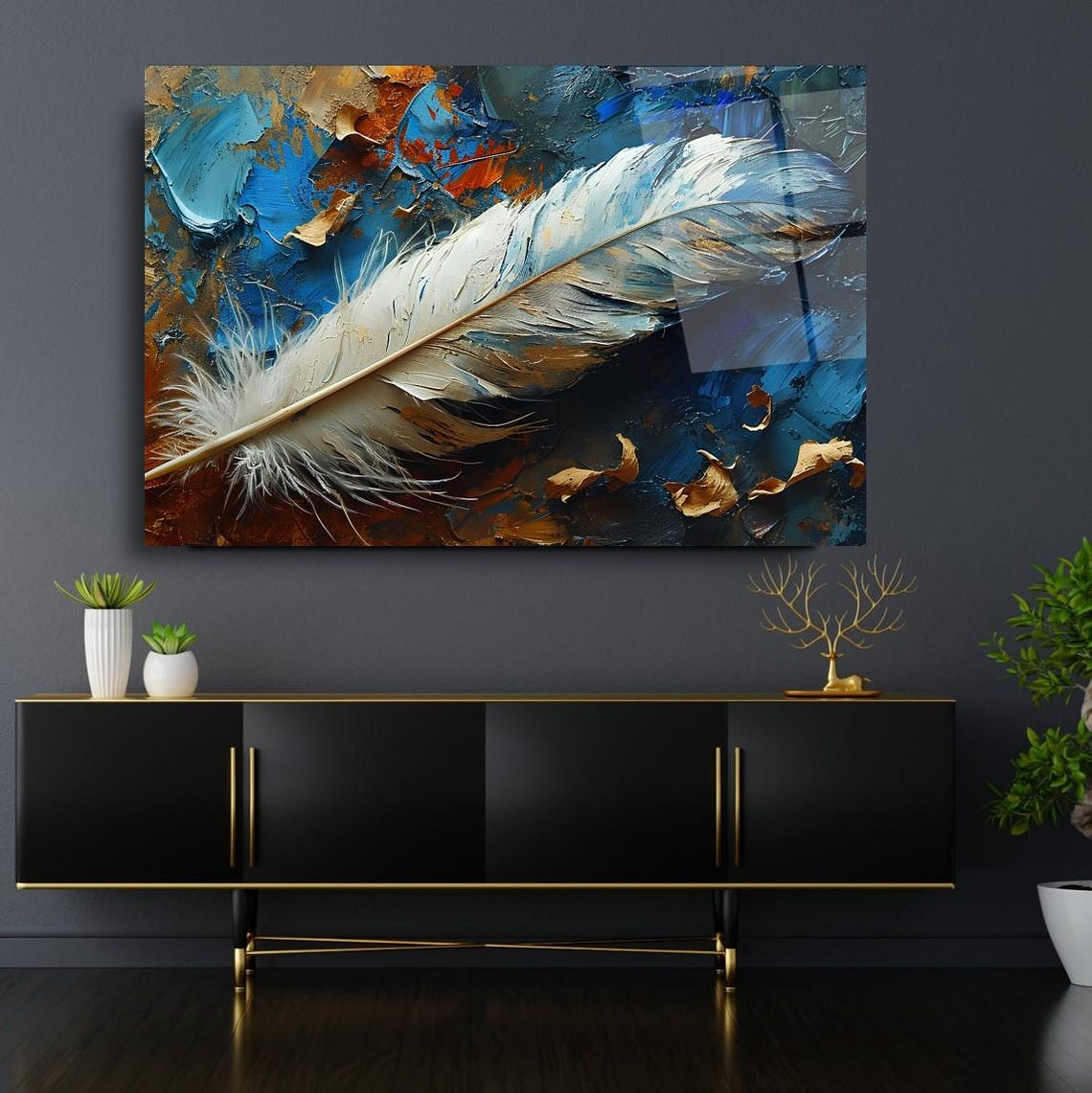 Delicate White Feather On Blue Abstract Textured Modern Poster - Image 3