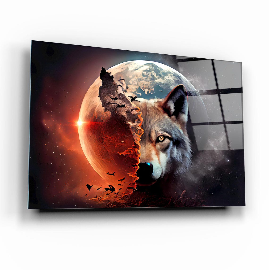 Majestic Wolf Face Split with Cosmic Moon and Planet Wall Art - Image 2