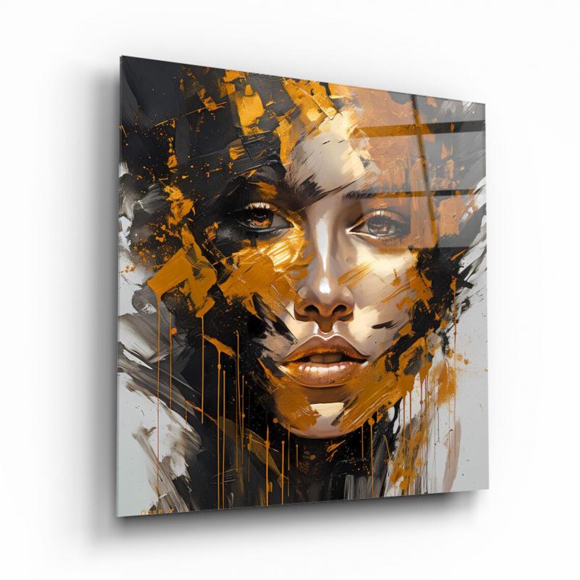 Golden Portrait Abstract Wall Art Tempered Glass Print Modern Decor For Living Room Luxury Glass Wall Art For Home And Office - Image 2