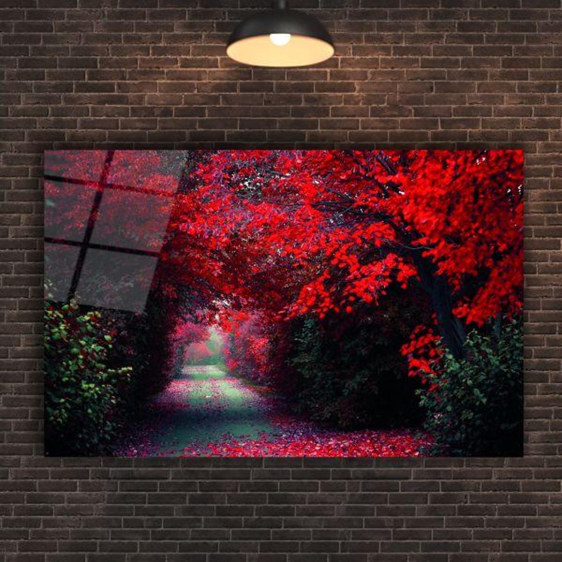 Red Maple Canopy Forest Path Enchanted Autumn Landscape Poster - Image 3