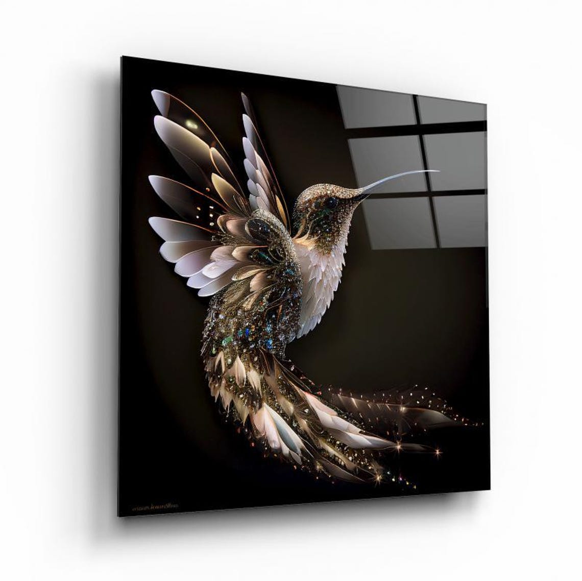 Sparkling Jeweled Hummingbird Hovering in Flight on Black Wall Art - Image 2