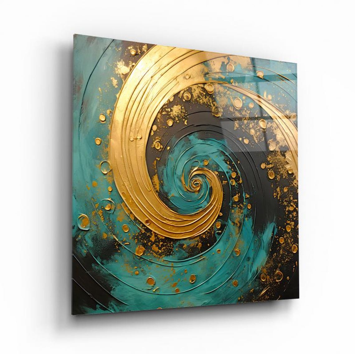 Golden Spiral Swirl on Teal Background Abstract Ocean Wall Art - Image 2