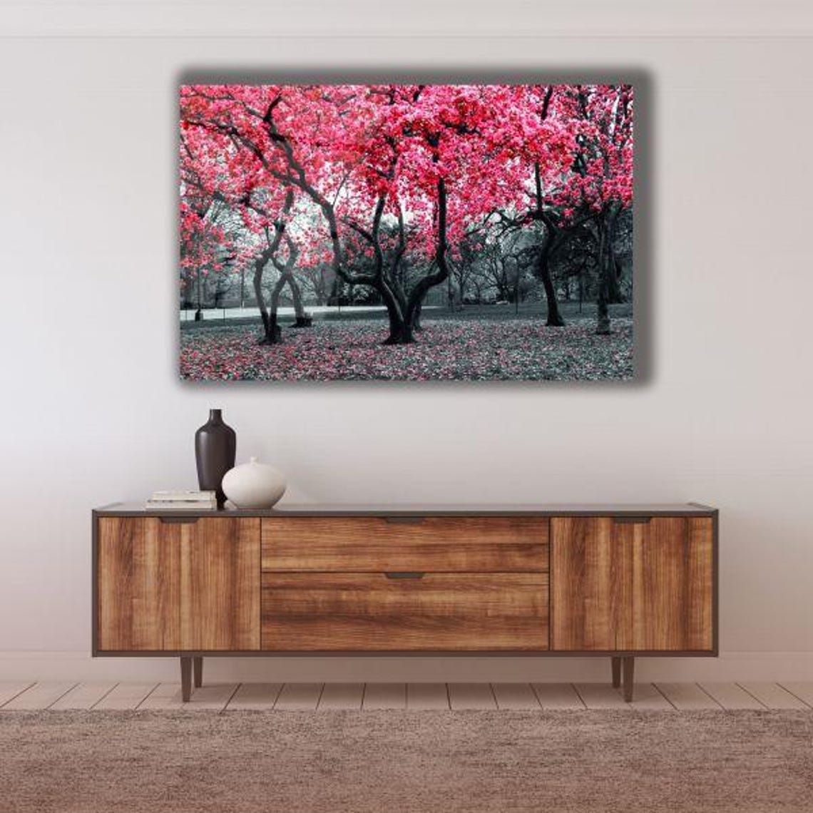 Pink Cherry Blossom Trees In Black And White Park Nature Poster