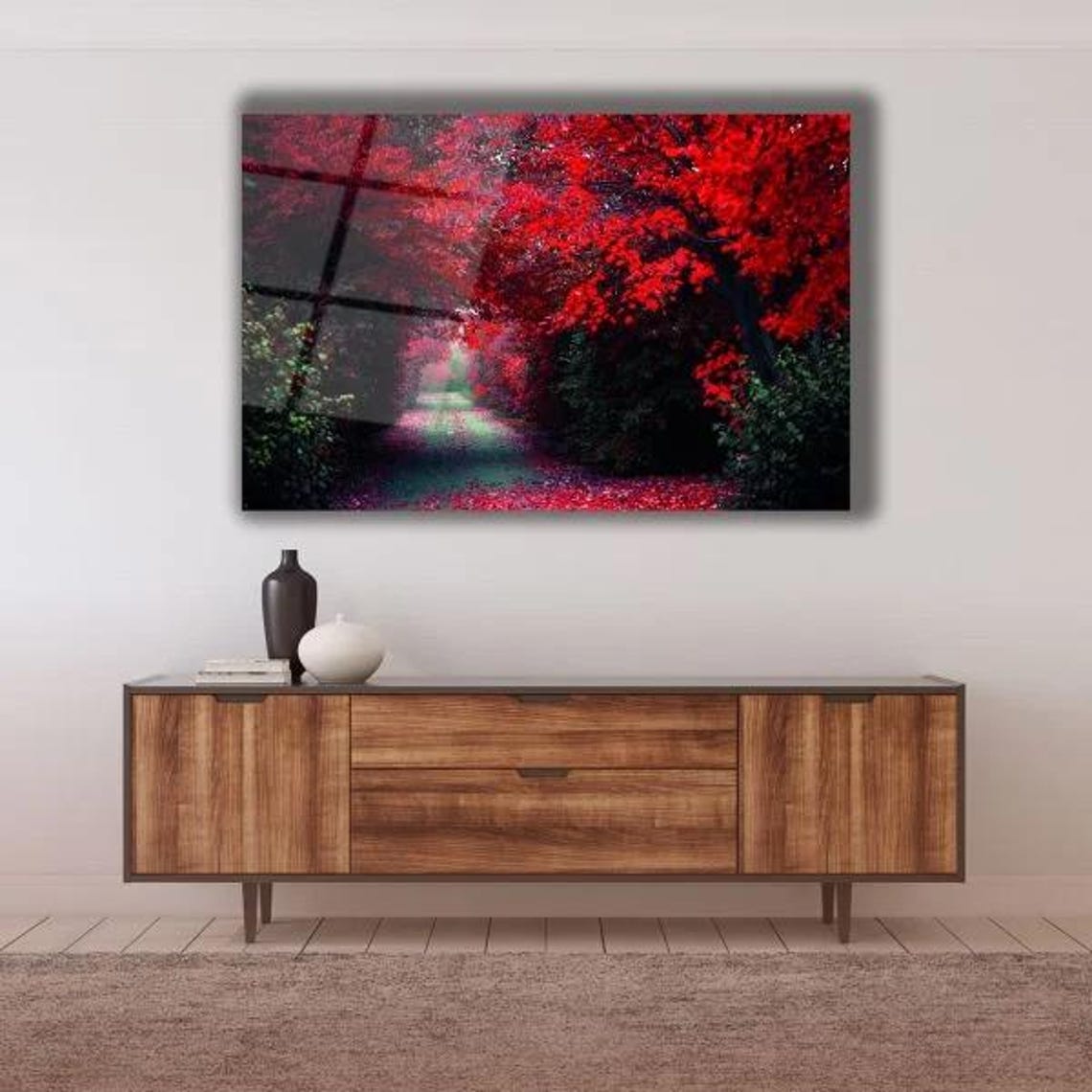 Red Maple Canopy Forest Path Enchanted Autumn Landscape Poster