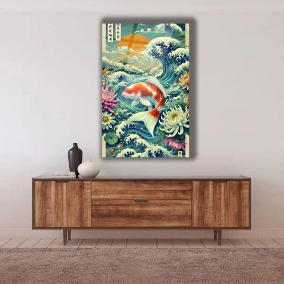 Serenity Koi Pond Tempered Glass Wall Art Traditional Japanese Water Garden Tranquil Koi Fish Decor Zen Artistic Wall Accent