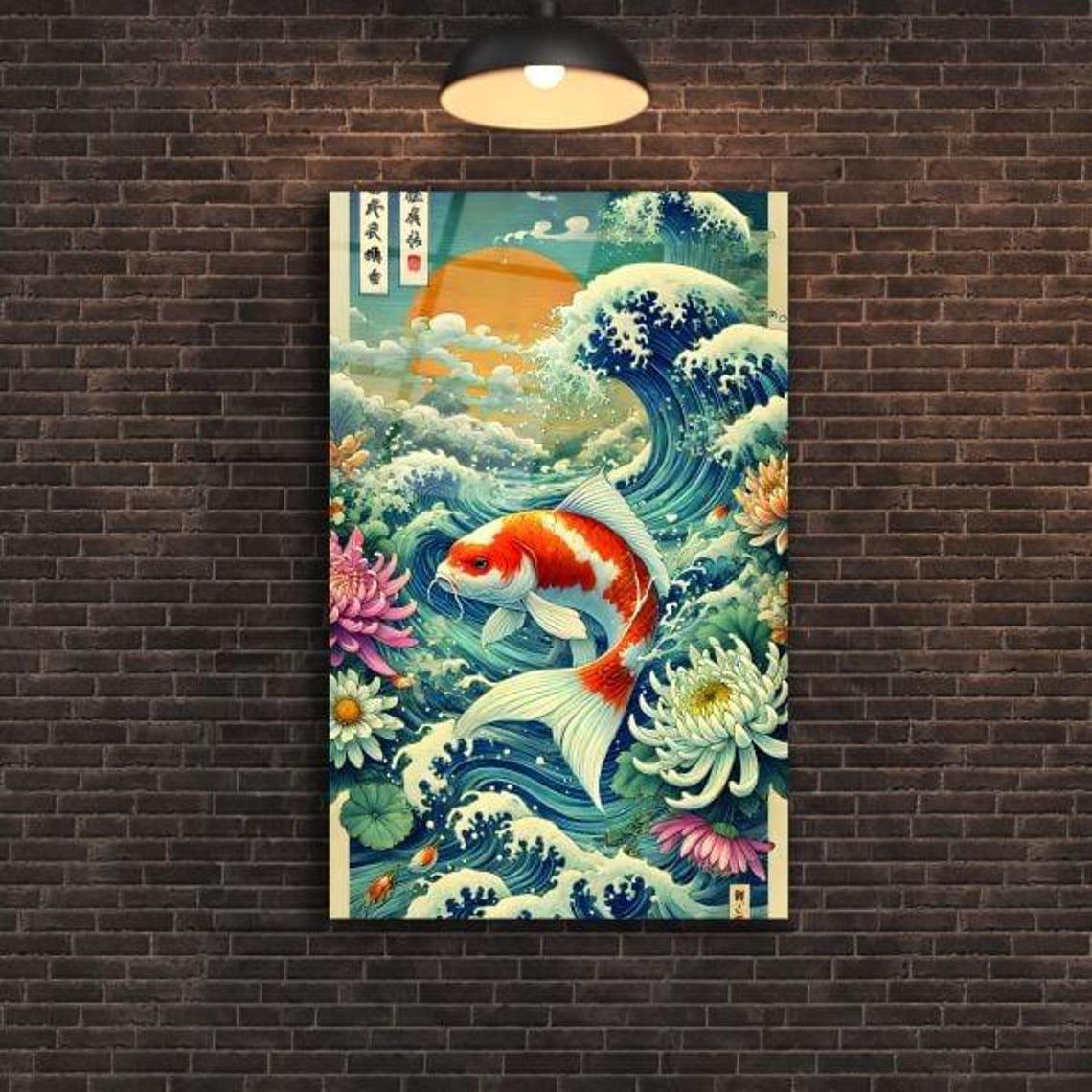 Japanese Koi Fish Waves Ukiyo-e Style Colorful Ocean Floral Art Poster - Image 2