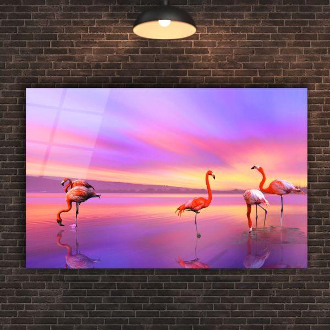 Flamingo Flock Wading In Calm Lagoon At Purple Pink Sunset Poster - Image 2