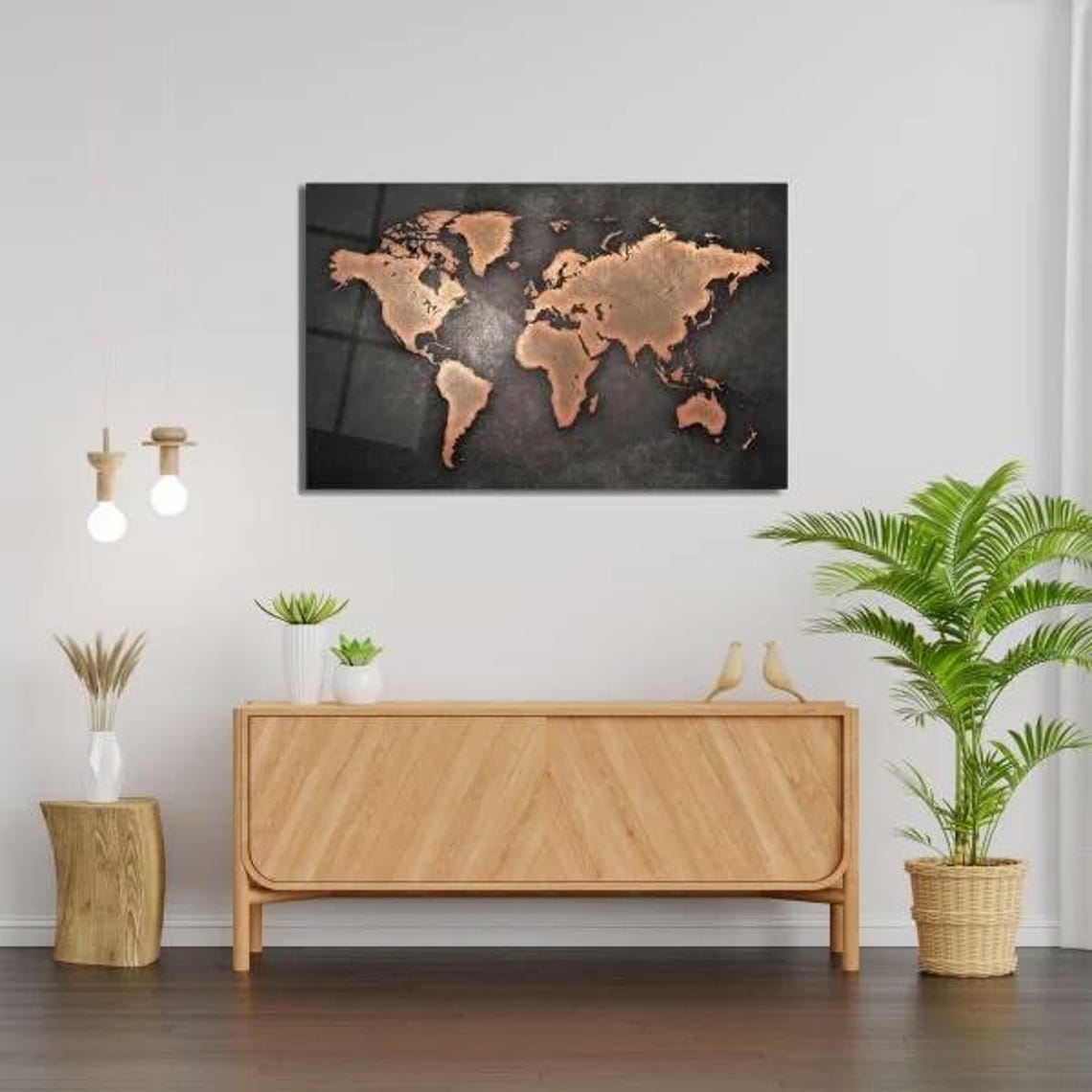 Copper World Map On Charcoal Black Tempered Glass Modern Travel Poster