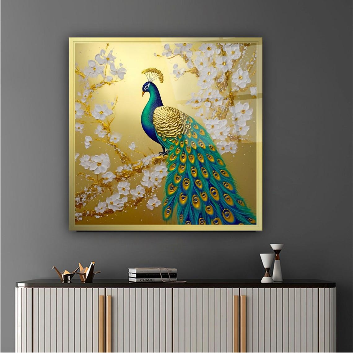 Gold Peacock With White Blossoms On Metallic Gold Background Poster
