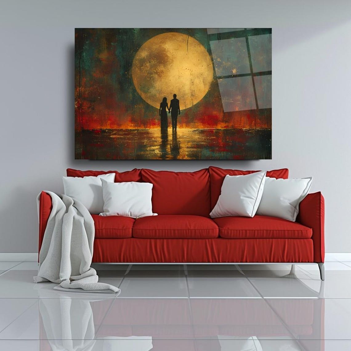 Couple Silhouette Golden Moon Romantic Night Walk Art Poster