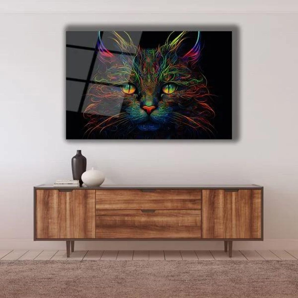 Neon Rainbow Cat Face Poster Glowing Line Art on Black Background