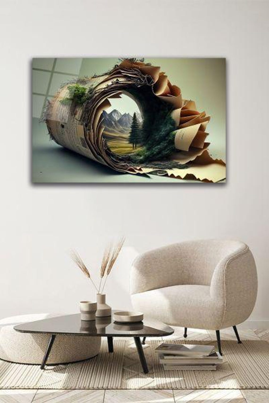 Surreal Rolled Newspaper Unrolling Into Mountain Landscape Poster - Image 2