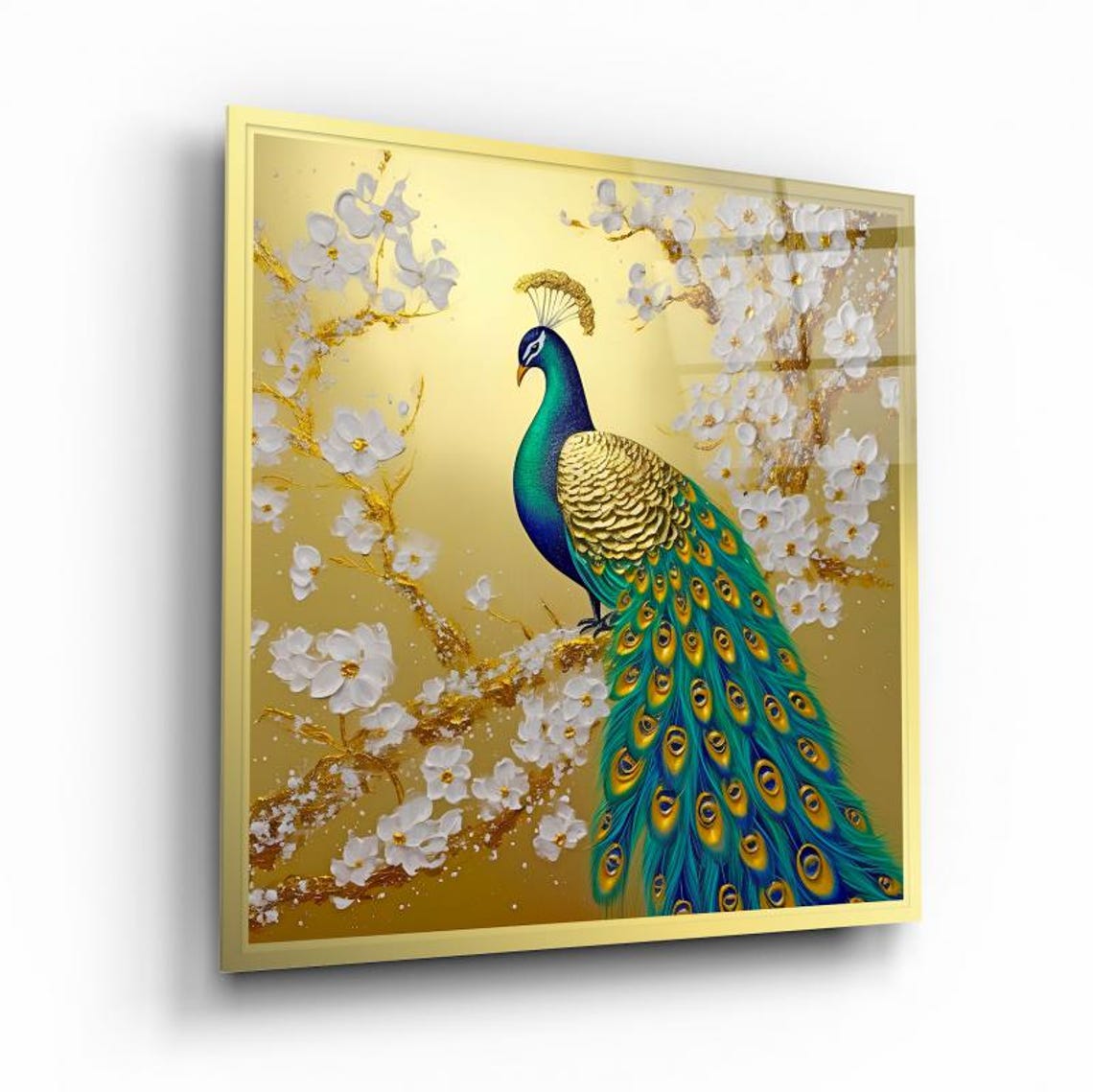 Gold Peacock With White Blossoms On Metallic Gold Background Poster - Image 2