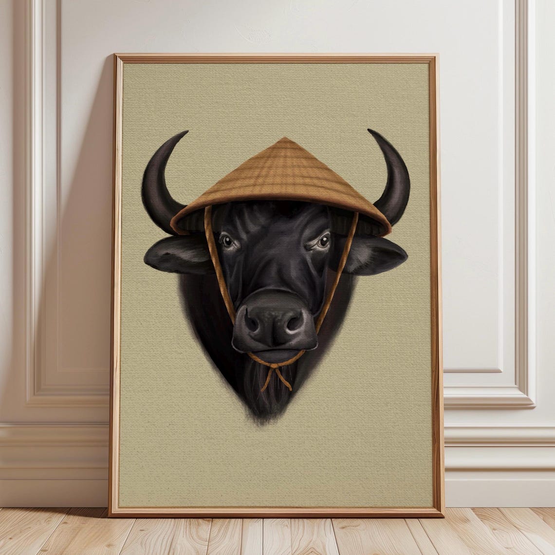 Water Buffalo Wearing Conical Hat Whimsical Portrait Wall Art