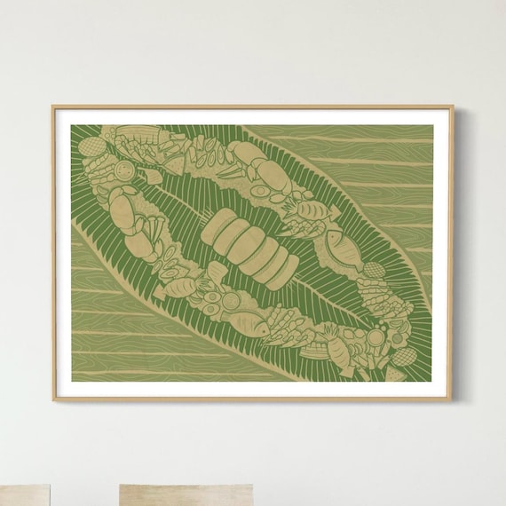 Filipino Boodle Fight Feast Banana Leaf Food Art Illustration Poster