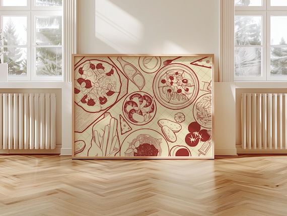 Italian Pizza Pasta Tomatoes Burgundy Line Art Kitchen Wall Decor Poster