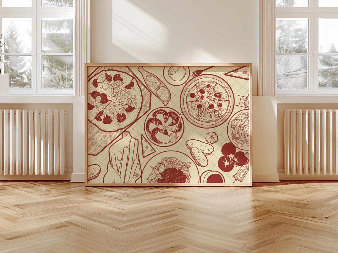 Italian Pizza Pasta Tomatoes Burgundy Line Art Kitchen Wall Decor Poster