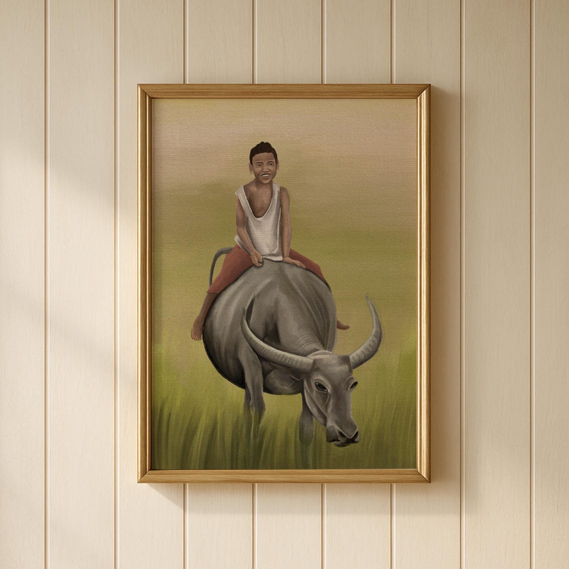 Boy Riding Water Buffalo Green Field Countryside Painting Wall Art